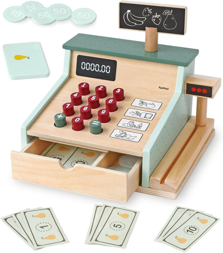 Wooden Toy Cash Register,Kids Pretend Play Money Counting Toys with Scanner and Credit Card,Toddler Cashier Toy Grocery Play Food Accessory for Pre-School Gift Boys Girls 3+