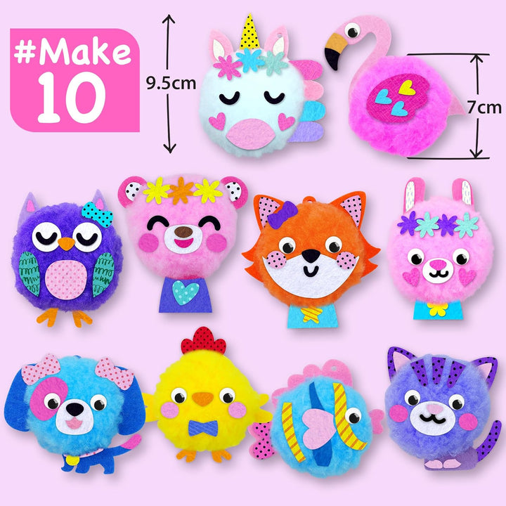 Kids Crafts Ages 4-8 – 10 Plush Pom Pom Animal All-In-One DIY Craft Set – Felt Stickers, Educational & Creative Gift for Girls & Boys