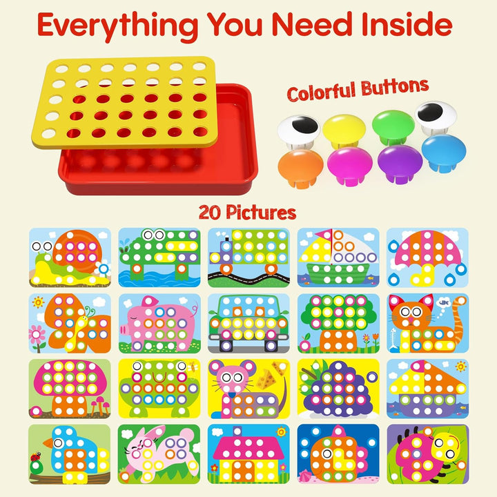 Button Art Toy – Educational Color Matching Mosaic Pegboard Sensory Learning Activity for Kids Age 3 4 5, Preschool Gift for Toddlers, Boys and Girls