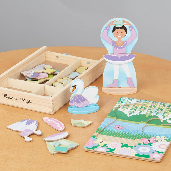 Ballerina and Fairy Magnetic Dress-Up Double-Sided Wooden Doll and Swan Pretend Play Set (52 Pcs)