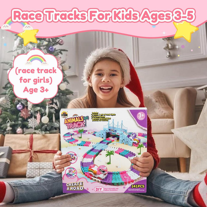 242PCS Uicorn Race Tracks for Kids Ages 4-8,Flexible Car Track Set Princess Toys Birthday Gifts for 3 4 5 6 Year Old Girls and Toddlers