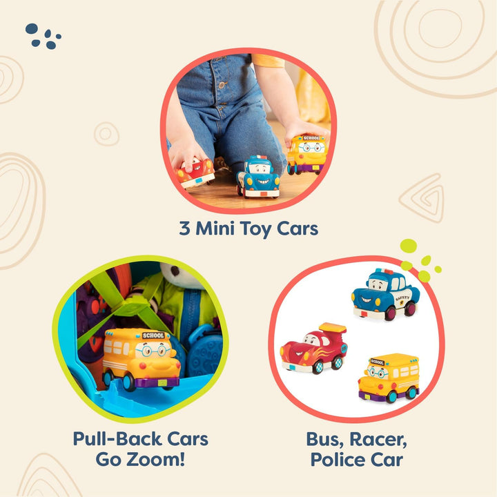 – Mini Wheeee – Ls! – 3 Pieces Mini Pull – Back Vehicles Set, Bus & Cars, Multi, Hot Rod, School Bus, Police Car – 1 Year +