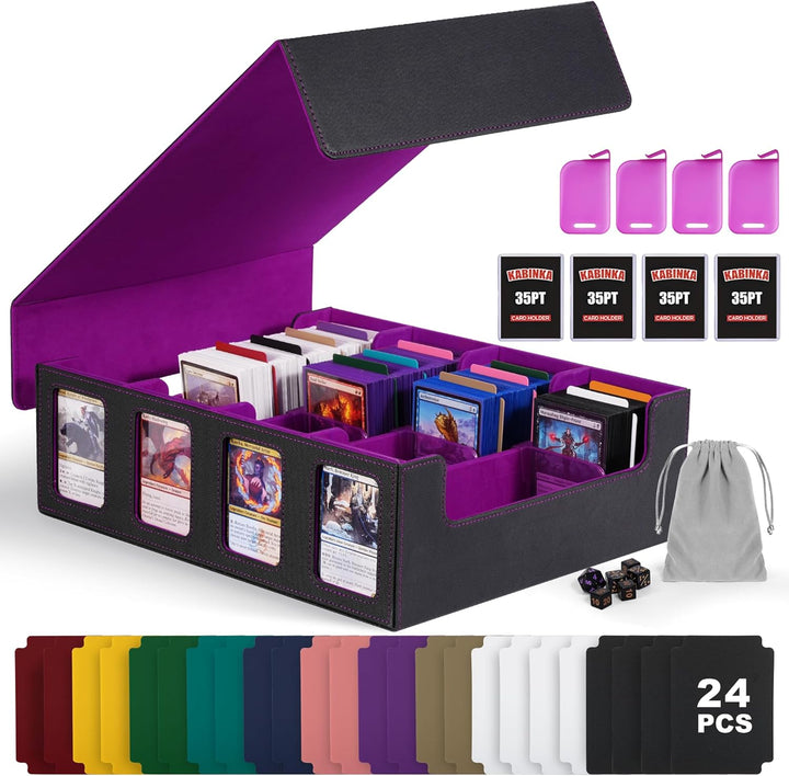 Trading Card Storage Box with Commander Display , 5-Row Deck Case with Removable Lid; 3900+ Card Deck Box for MTG TCG Sports Card, 5 Toploaders, 5 Stoppers, 48 Dividers,1 Dice Tray (Black Purple)