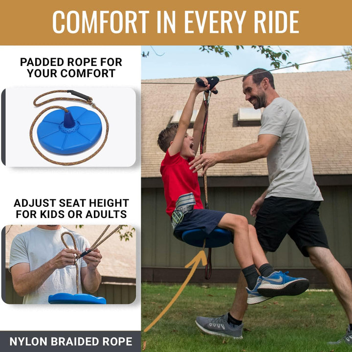 Zip Line for Kids and Adults up to 350 Lbs, 100/150/200 Ft Backyard Zipline Kit with Safety Harness, Quick Setup, Spring Brake System, Cushioned Seat, Rustproof Stainless Steel Cable