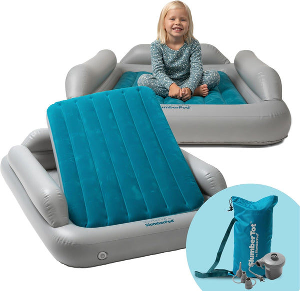 Slumbertot Inflatable Toddler Travel Bed - Portable Kids Air Mattress with Safety Bumpers - Perfectly Sized Ideal for Travel or Home Use - Includes Electric Pump