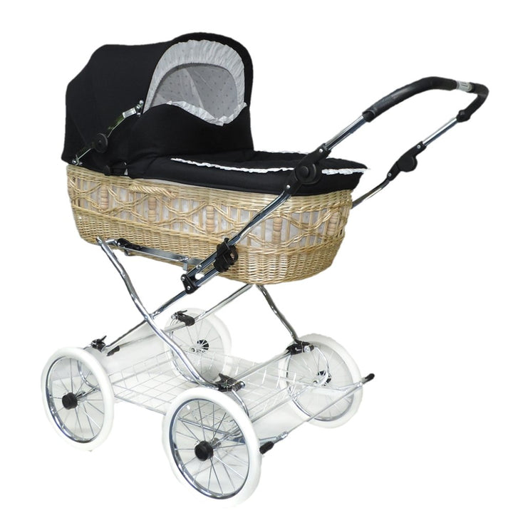 Wicker Basket Pram with Leather Strap Frame with Sliding Height Adjustment Basket Natural Willow