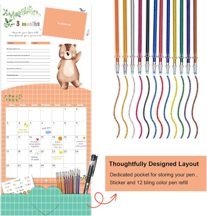 Baby'S First Year Calendar with Stickers by Bright Day - 1St Year Tracker - Baby Memory Book for Girls to Document and Cherish Baby First Year Milestones,- Milestone Keepsake for Baby Boy with Pocket