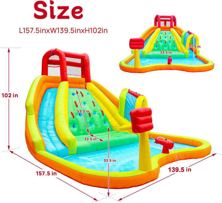 Inflatable Water Double Slides Park, Bounce House with Arched Water Gun Spray, Jumping Castle with Air Blower