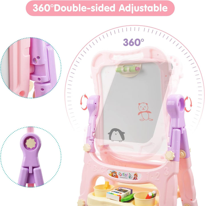 Easel for Kids, Adjustable Standing Art Easel for Toddler, Double Side White Chalk Board with Painting Accessories, Birthday Christmas Gift for Little Girls and Boy Age 3 4 5, Pink