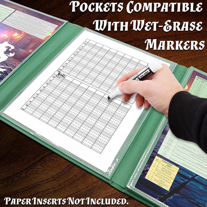 DM Screen PU Leather 8-Panel Deluxe GM Screen - Eight Panel Folding Dungeon Master Screen with 2 Swinging Panels and Wet Erase Pockets for Ttrpgs - Green, Inserts Not Included
