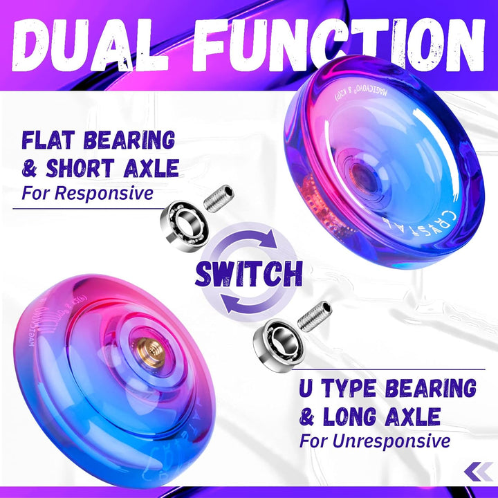K2 Crystal Responsive Yoyo for Kids 8-12, Professional Fingerspin Trick Yoyo for Advanced, Dual Purpose Mode with Unresponsive Bearing+12 Yo Yo Strings+Yo-Yo Case Bag (Pink Purple Gradient)