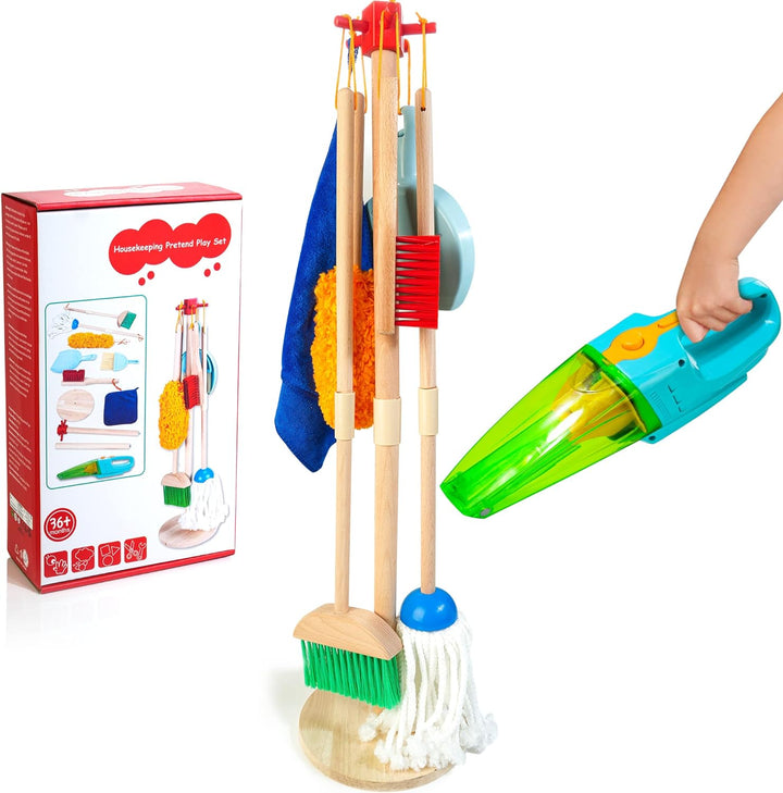 Kids Cleaning Set, 8 Pcs Wooden Housekeeping Play Set Includes Broom Mop Duster Dustpan Brushes Rag and Organizing Stand, Cleaning Toys Gift for Toddlers Girls Boys Age 3-6, Solid Beech Wood
