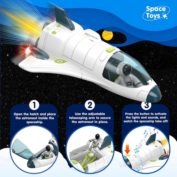 Space Rocket Ship Toys for Kids, Space Toys Shuttle Toys for Kids 3-5-7 with 2 Astronaut Figures, Spaceship Toys with Glowing & Sound Effect, Educational Stem Toy Gift for Boy Girl