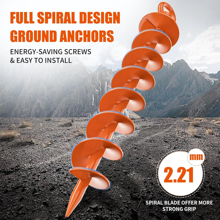 Ground Anchor Screw In, 4 Pack Spiral Trampoline Anchors with Nut and Tool Swing Set Anchors Tent Stakes High Wind Heavy Duty for Sheds, Carports, Mobile Home Orange
