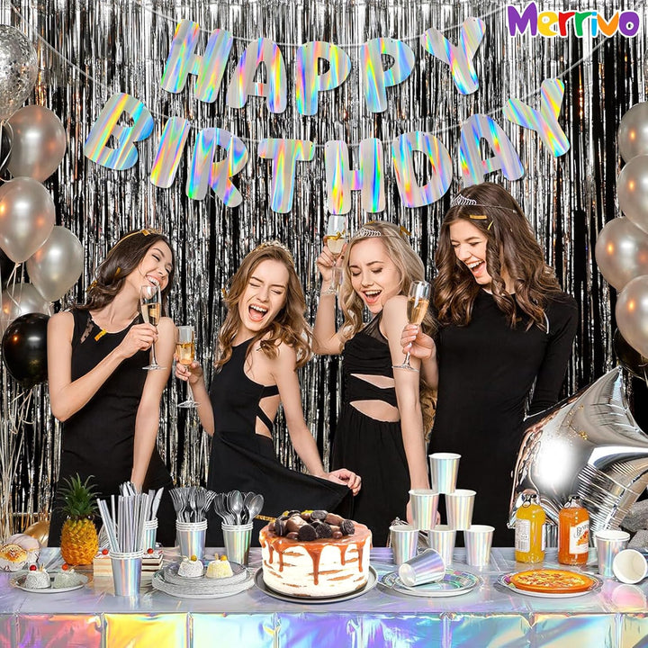 Iridescent Happy Birthday Banner, 9Ft Pre-Strung Holographic Birthday Decorations Vibrant Party Sign with Aurora, Rainbow Effects
