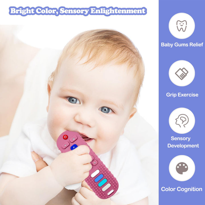 Baby Teething Toys, Food Grade Silicone Teether for Babies 3 6 12 18 Months, TV Remote Shape Toddlers Chew Toys, Freezer BPA Free (Pink RC)