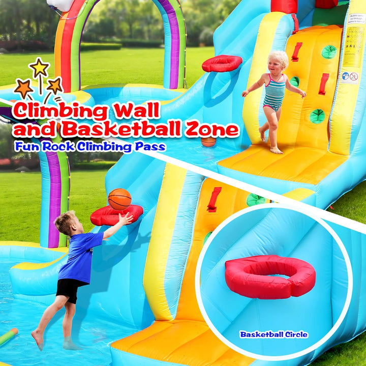 Inflatable Water Double Slides Park with Blower, Bouncy Castle with Rainbow Water Curtain, with Shooting and Rock Climbing