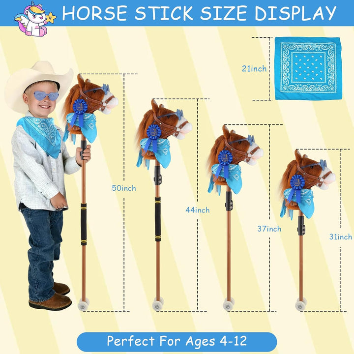 Hobby Horse on a Stick,30 to 50In Stick Horse Plush Handcrafted with Illuminated Wheel Music Pony Riding Plush Horsetoy Sturdy Stick Stainless Steels Soft Sponge Handle (Brown)