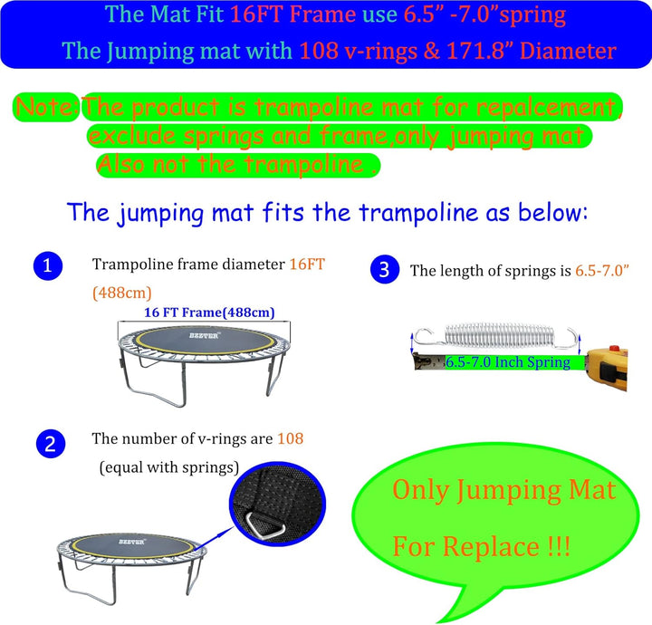 Replacement Trampoline Mat Fits 16 Foot Frame ，171.9“/14.31Ft Diameter with 108Rings,Fits 6.5-7.0" Spring,W/Pull Hook and Gloves