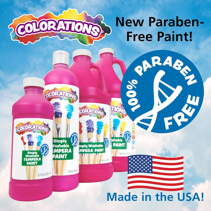 Paraben-Free Simply Washable Tempera Paint, Rainbow plus 8 Pack, Matte Finish, Classroom Supplies, Vibrant Colors, Non-Toxic, Washes off Easily, School, Craft, Art Supply Set, Each 16Oz