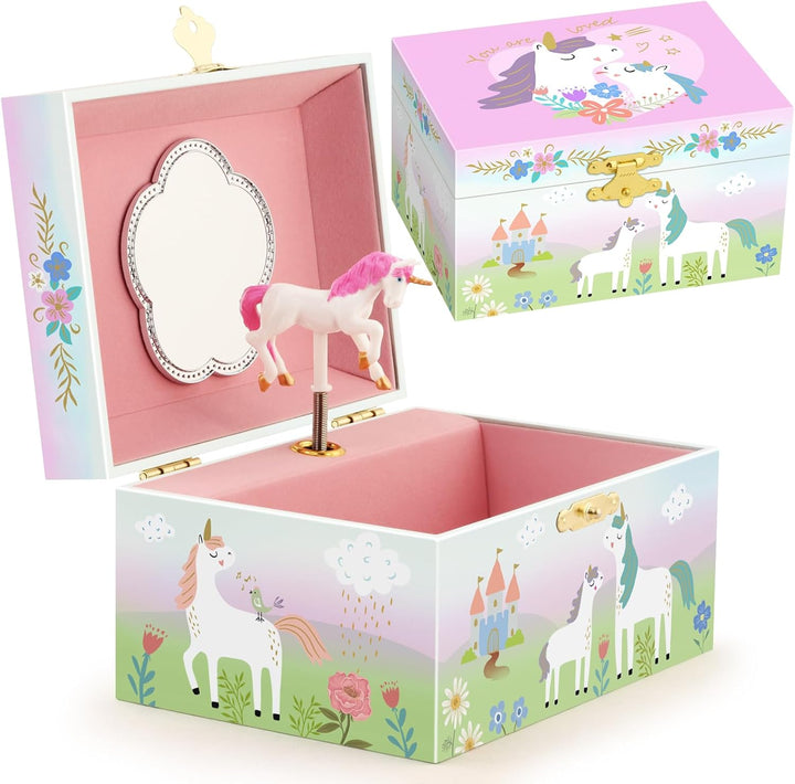 Musical Jewelry Glitter Storage Box and Jewelry Set for Little Girls with Spinning Unicorn and Rainbow - over the Waves Tune Pink