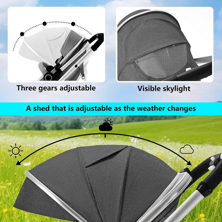 2 in 1 Convertible Baby Stroller, Folding High Landscape Infant Carriage, Newborn Reversible Pram, Diaper Bag, Anti-Shock Toddler Pushchair Stroller, Dark Grey