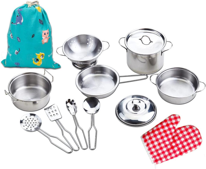 Play Pots and Pans Sets for Kids, Stainless Steel Cookware Toys Gift Set for Christmas, Pretend Play Kitchen Accessories, Role Play Educational Toys for Kids Toddlers Boys Girls