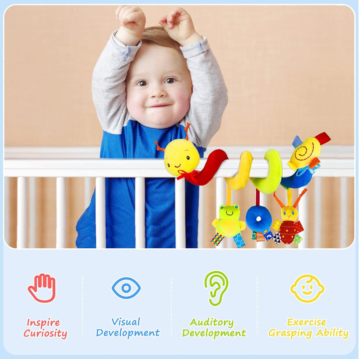 Baby Crib Hanging Rattles Toys - Infant Baby Worm Crib Bed around Rattle Bell Cartoon Insect Spiral Hanging Toy with Ringing Bell for Infants Bed Stroller Car Seat Bar for Babies Boys and Girls