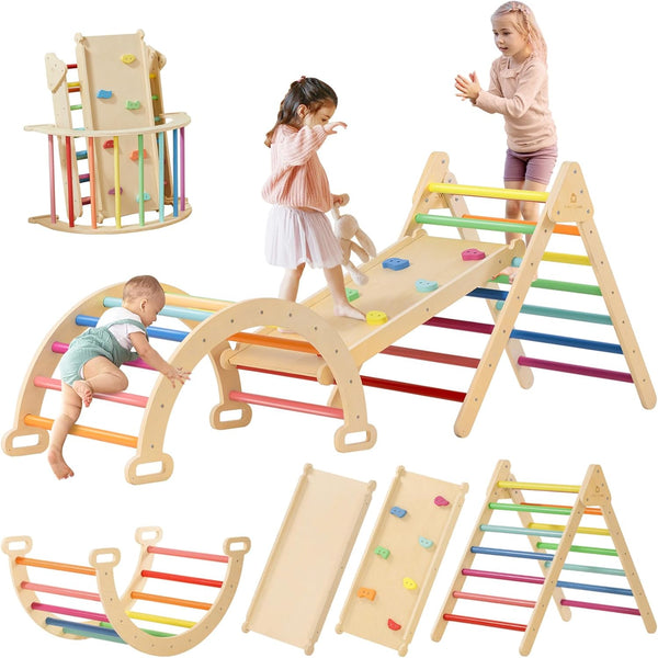 Pikler Triangle Set, 7-In-1 Foldable Pikler Triangle Climbing Toys Set for Kids,Baby Indoor Playground Jungle Gym, Wooden Montessori Climbing Set for Toddler (Rainbow)