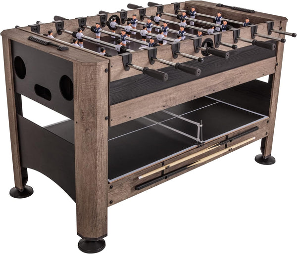 56” 4-In-1 Swivel Multi-Game Table - Air Hockey, Billiards, Foosball, Ping Pong - Rustic Wood Grain Finish, Brown