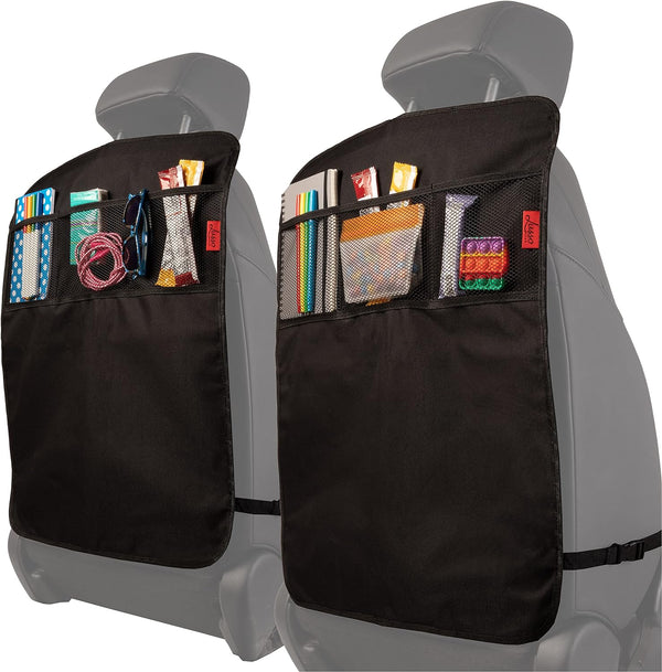 Car Seat Back Protector Cover for Kids (2 Pack) - Black, 3 Mesh Pockets - Backseat Car Organizer - Waterproof & Machine Washable - Protects against Mud, Scuffs & Spills