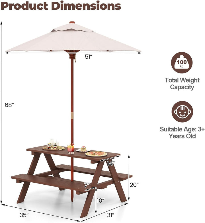 Kids Picnic Table, Outdoor Toddler Wooden Table and Chair Set with Removable Umbrella, Children Activity Furniture Bench Set for Patio Garden Backyard