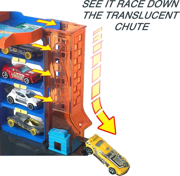 City Toy Track Set, Downtown Car Park Playset with 1:64 Scale Vehicle, 4 Levels, Working Lift & Exit Chute