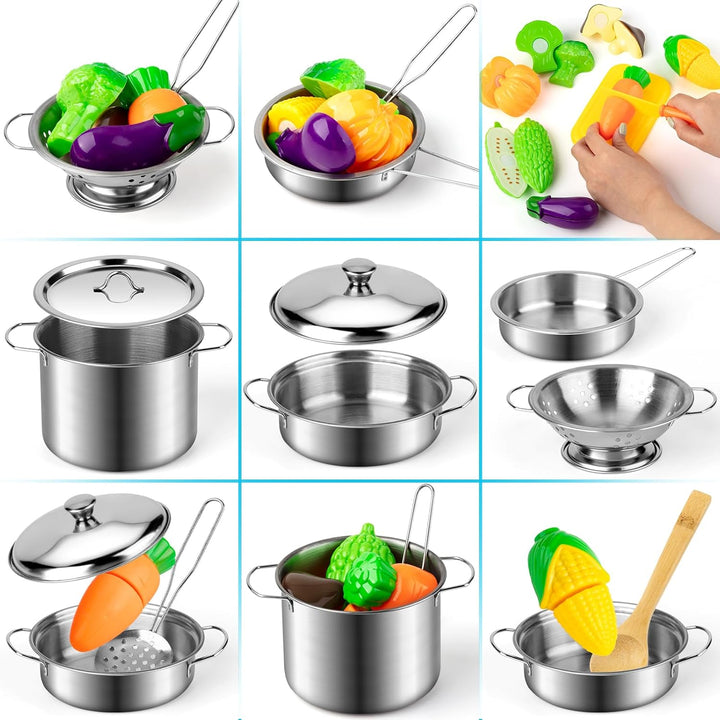 Kitchen Pretend Play Toys with Stainless Steel Cookware Pots and Pans Set, Cooking Utensils, Apron & Chef Hat, Cutting Vegetables for Kids, Girls, Boys, Toddlers