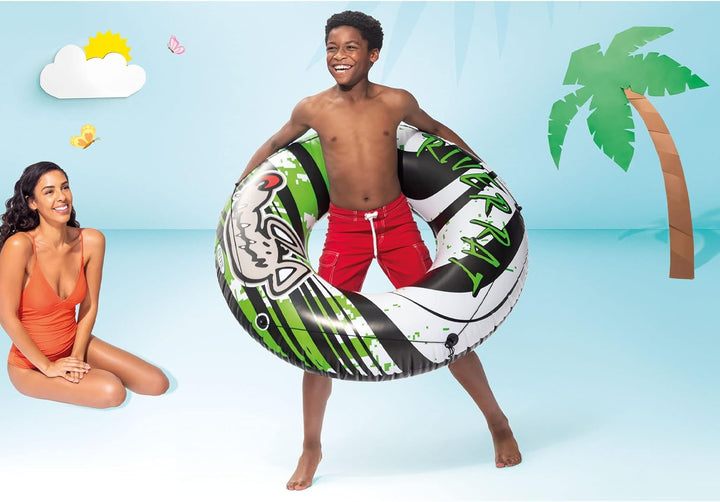 River Rat 48 Inch Inflatable Vinyl Towable Boat Floating Tube Raft for Swimming Pool and Lake in Green Rat or Graffiti Rat Design, Color Varies