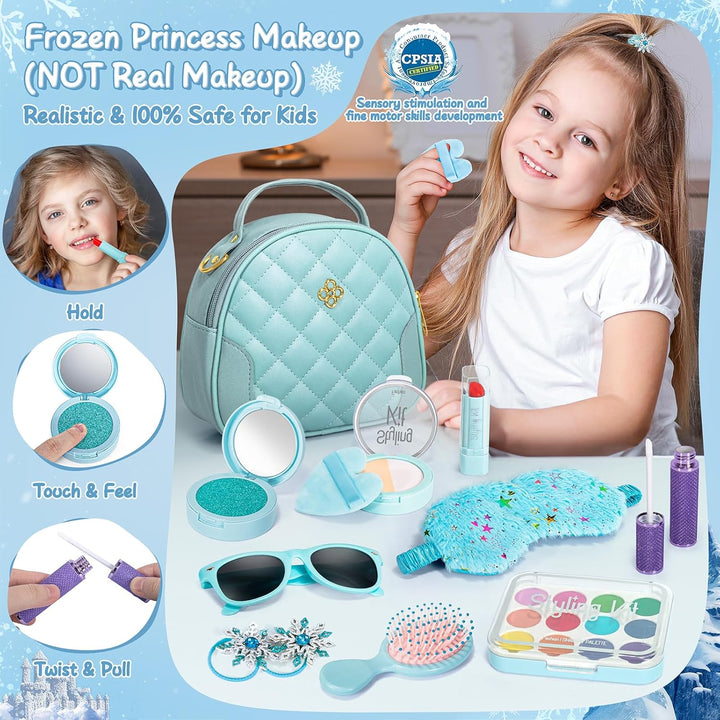 Play Purse for Little Girl, Princess Frozen Toy Purse with Accessories, Pretend Makeup Set, Handbag, Wallet, Water Bottle, Birthday Toy for Girl 3 4 5 6 7 8 Year Old