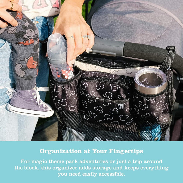 Disney Baby by  Stroller Organizer with Cup Holders and Mesh Storage Compartment - Disney World Travel Essential - Universal Stroller Accessory with XL Storage Bag - Mickey Mouse Black
