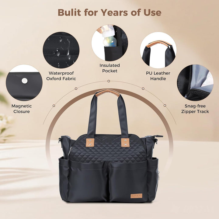 Diaper Bag Tote, Large Diaper Bags Waterproof,Large Mommy Bag for Hospital, Baby Bags for Mom Travel Diaper Tote Messenger Purse, Quilted Black