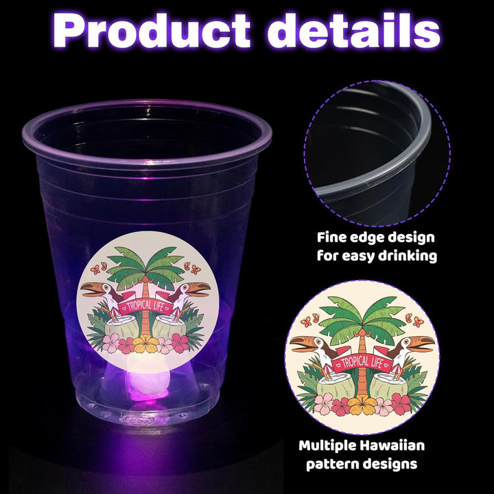 25 Light up Luau Cups for Hawaiian Moana Birthday Party Decorations - 16 OZ Glow in the Dark Plastic Tiki Party Cups for Tropical Aloha Luau Party Decor Supplies
