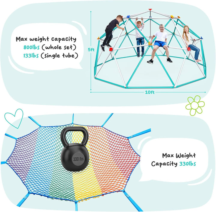 Climbing Dome with Climbing Cargo Net, 10 Ft Dome Jungle Gym with Hammock for Kids Outdoor Playset Monkey Bars Backyard