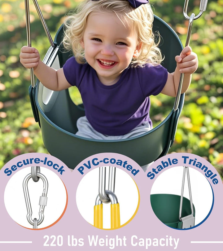 High Back Full Bucket, Toddler Swing with Coated Chains & Triangle Dip Pinch Protection for Safety, Baby Swing Outdoor with Locking Buckles, Toddler Bucket Swing for Backyard, Playground, Green