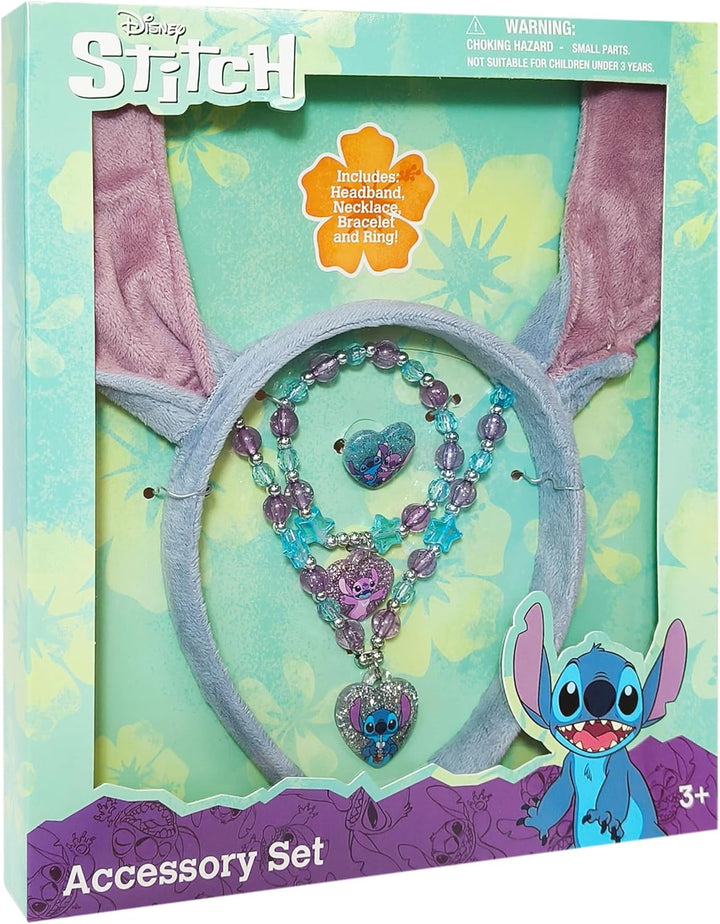 Disney Licensed Stitch Headband with Ears for Girls - Kids Jewelry Dress up Set All in One Giftable Box - Play Jewelry Set - 4Pc (Toddler Headband, Necklace, Dress up Bracelet, Ring) Ages 3+