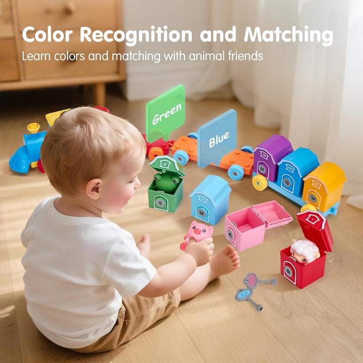 Toddler Learning Toys for 2 3 Year Old Boy Girl - Counting Matching & Sorting Activity Montessori Train Set with Farm Animals, Finger Puppets, Keys to Lock and Unlock Barns, Preschool Birthday Gift