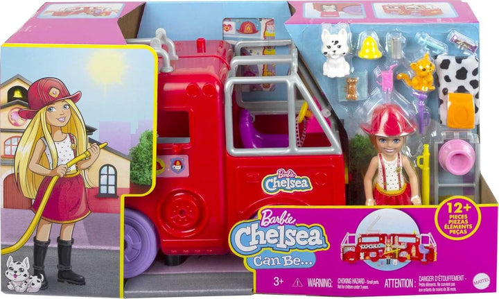 Chelsea Can Be Doll & Toy Fire Truck Playset with Blonde Small Doll, 2 Pets & 15+ Acessories, Open for Fire Station