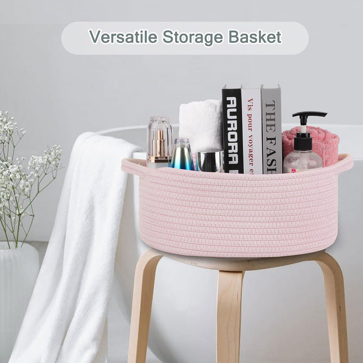 Small Woven Basket with Gift Bags and Ribbons, Gift Basket Empty, Cotton Rope Storage Organizer, Baby Toy Box with Handles, 12" X 8" X 5", Light Pink