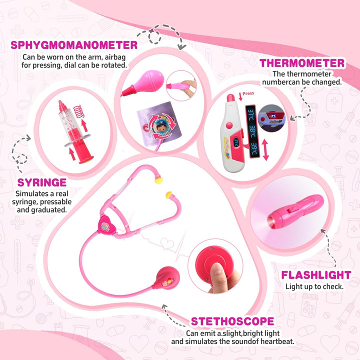 Doctor Kit for Toddlers 3-5, Kids Doctors Play Set with Plush Dog, Toy Stethoscope & Carrying Bag - Dress up Girl Toddler Toys for 2 3 4 Year Old Veterinarian Pretend Play Gifts (Pink)