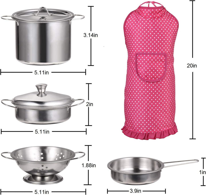Kitchen Pretend Play Toys with Stainless Steel Cookware Pots and Pans Set, Cooking Utensils, Apron & Chef Hat, Cutting Vegetables for Kids, Girls, Boys, Toddlers