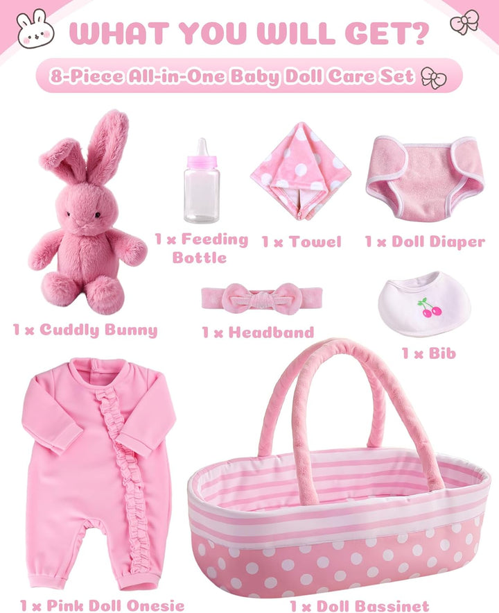 8 Pcs Baby Doll Accessories, Reborn Baby Dolls Clothes with Bassinet for 17-22 Inch Baby Dolls, Outfit Fit Newborn Babies Doll Girl, Babies Pretend Play Set (Not Doll)