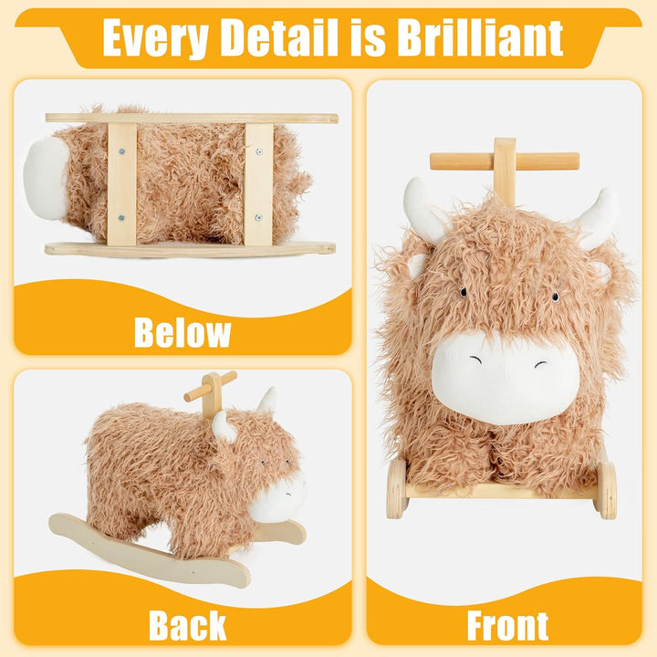 Baby Rocking Horse for 1 Year Old,Wooden Cow/Yak Horse Rocking with Wicker Plush Wooden Ride on Toy for 2 Years Old Girl&Boy Nursery Birthday Gift