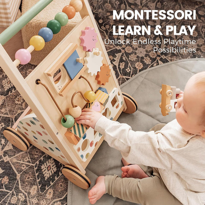 Wooden Baby Walker, Adjustable Speed Baby Push Walker for Boys and Girls, Montessori Activity Center Push Toy for Kids Development (Morandi)
